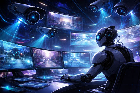 Futuristic security operations center: a humanoid AI operator monitors multiple live camera feeds as floating surveillance cameras project blue beams across a neon-lit city scene