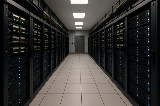 Rows of GPU server racks inside a high-security data center with LED indicators, powering AI video analytics for surveillance applications.