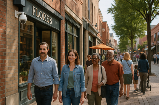 Community members walking through a safe, lively neighborhood – Peace of mind through AI-powered security enabling vibrant communities
