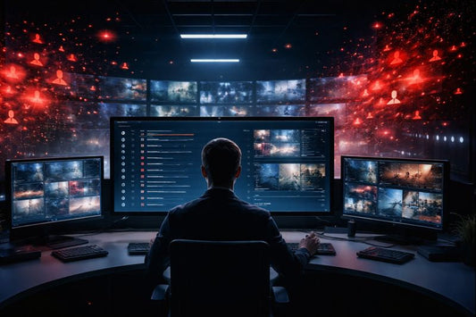 High-tech remote video monitoring control room at night, showing an operator reviewing a prioritized security event queue as chaotic red alert noise dissolves into the background.