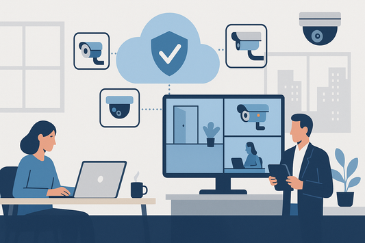 Flat-style digital illustration showing a hybrid work security setup with cloud-based video surveillance, featuring a remote worker, cloud infrastructure connecting to security cameras, and an office worker monitoring feeds on a tablet.