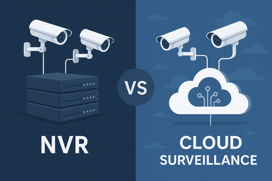 On the left, security cameras connect to stacked NVR hardware representing legacy systems. On the right, identical cameras connect to a cloud icon symbolizing modern VSaaS.