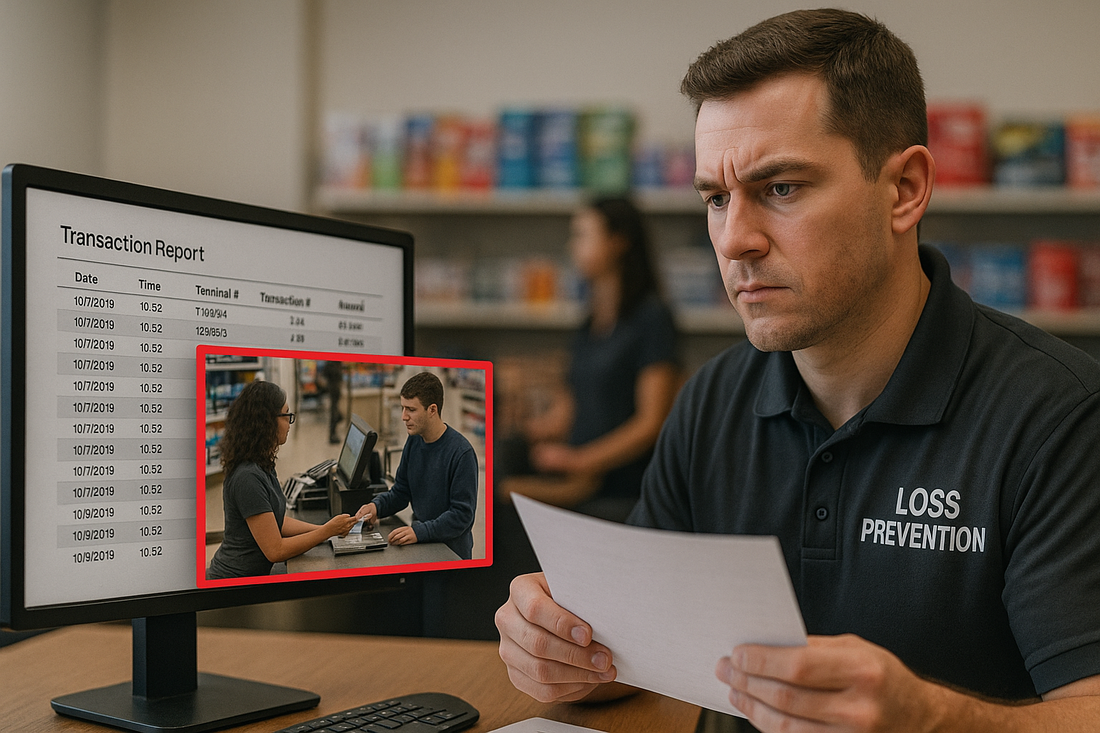 LP agent investigating suspicious POS transaction – oss prevention officer correlating POS data with video evidence