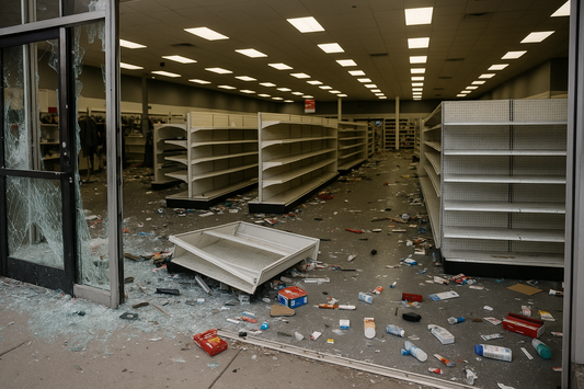 Looted retail store with shattered glass and empty shelves Aftermath of smash-and-grab robbery due to poor risk planning