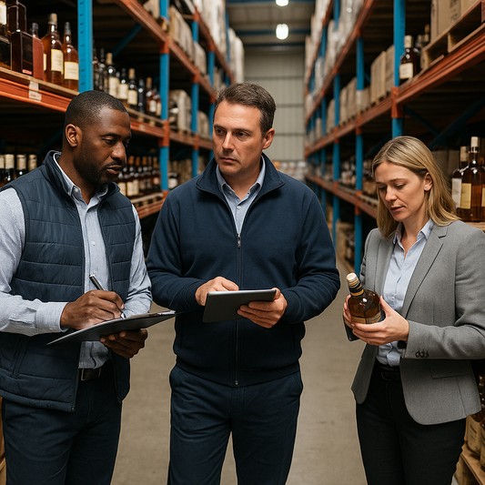 Loss prevention team in liquor warehouse – Security professionals auditing liquor inventory for shrink prevention