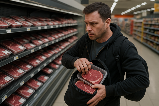 Shoplifter stuffing ribeye packs into a backpack Meat theft in grocery store captured by CCTV
