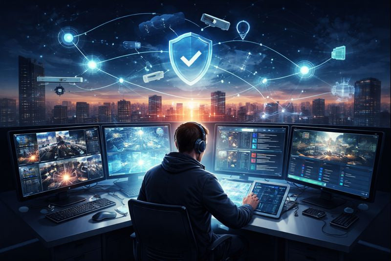Security operator at a multi-monitor workstation overlooking a dusk city skyline, with glowing network lines linking cameras and sensors to a central shield icon—symbolizing the evolution from raw video detection to policy-based, context-aware monitoring