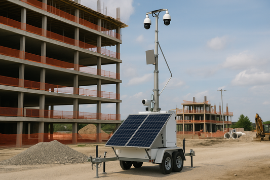 Mobile surveillance trailer with solar panels and security cameras deployed at an active construction site under a clear sky.