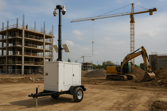 Mobile CCTV tower monitoring a construction site with AI analytics