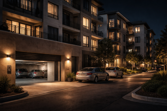 Modern apartment complex with illuminated windows and parked cars at night.