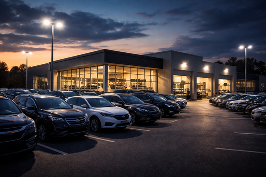 Modern car dealership lot and service area at dusk representing dealership security, key control, theft risk, and after-hours monitoring