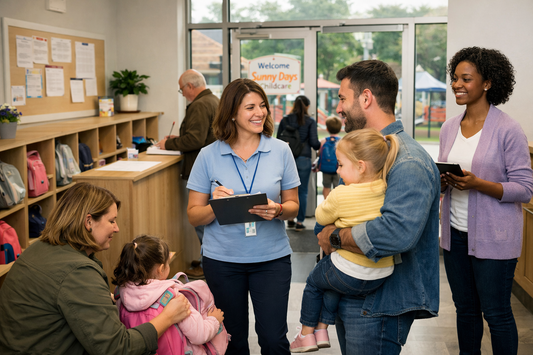 Modern childcare center entrance during pickup with a safe, organized environment representing secure entry control and parent trust