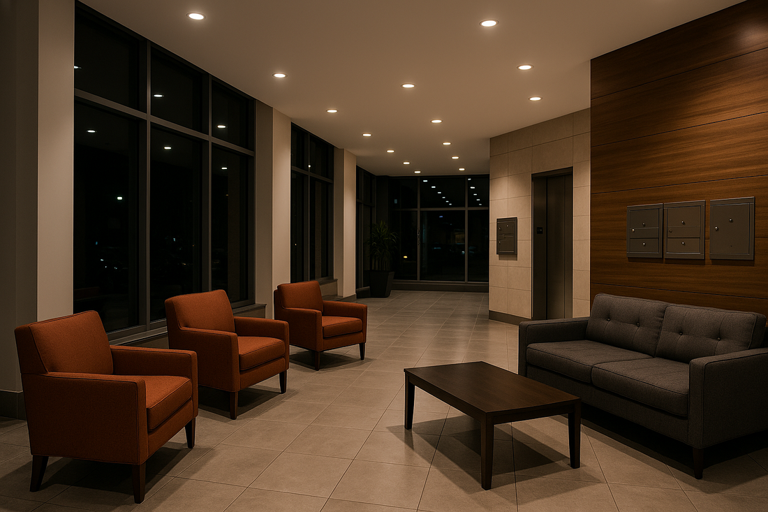 Modern residential lobby at night with warm lighting, stylish orange chairs, gray sofa, and sleek wooden walls creating a calm, secure atmosphere.