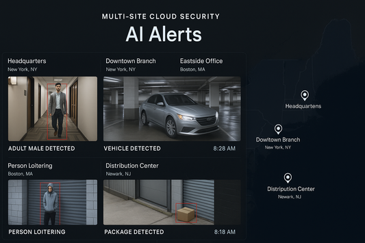 Cloud video surveillance dashboard showing multi‑site AI alerts