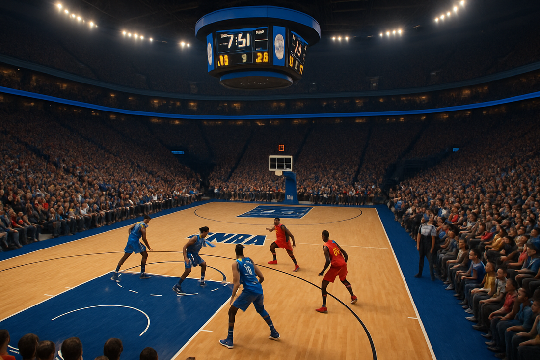 NBA basketball game inside packed arena – realistic, NBA teams battling on court in full basketball arena