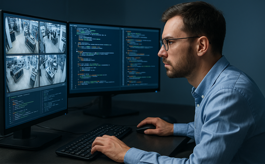 Security expert checking surveillance firmware for cybersecurity threats