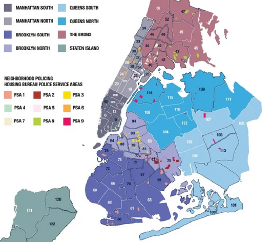 Map of New York City showing neighborhood policing service areas with color-coded regions.