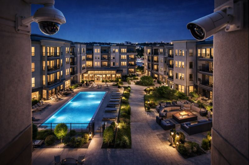 Night-time view of a modern multifamily condo courtyard with a lit pool, walkways, and amenity seating, framed by security cameras overlooking the property—clean, premium after-hours security vibe.