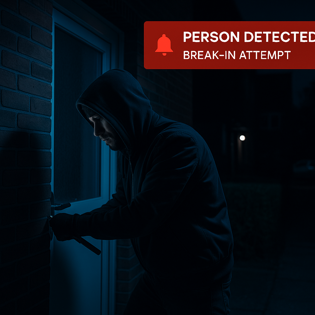 AI security system detecting a break-in attempt in real time