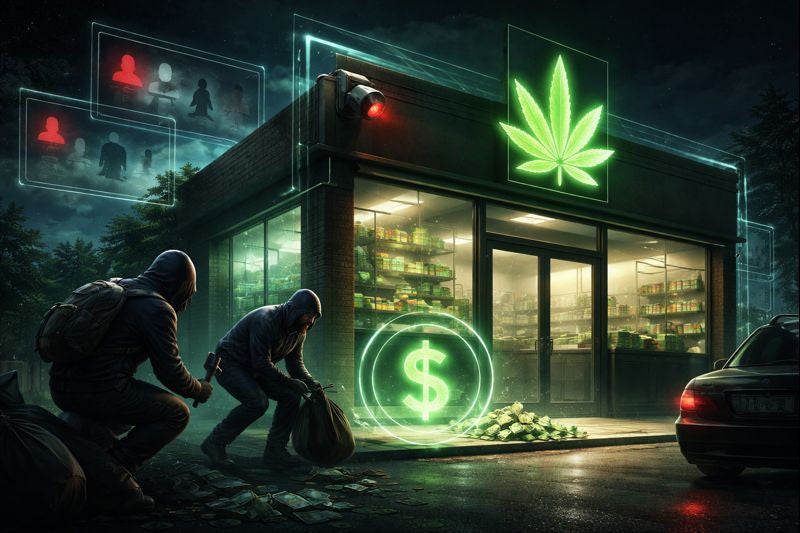 Two figures looting a store with a cannabis leaf sign at night.
