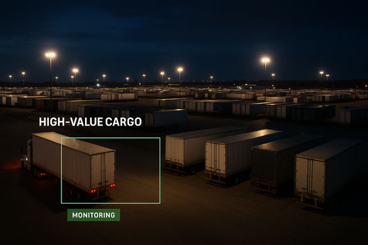 Nighttime view of a large logistics yard with rows of cargo trailers under bright floodlights, highlighting a monitored truck marked as “High-Value Cargo” under AI-powered surveillance.