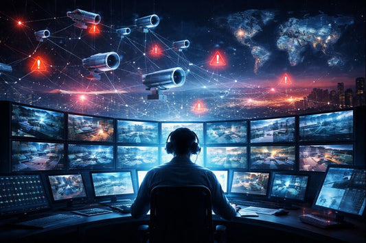 Person monitoring multiple screens with a world map and security cameras in the background