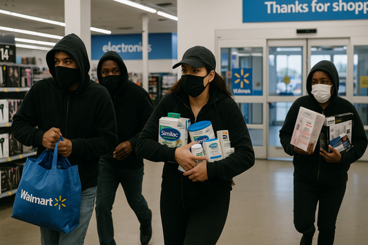 A group of four masked individuals quickly exits a Walmart store carrying stolen items, including baby formula, cosmetics, and electronics, in what appears to be an organized retail theft.
