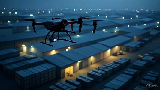 Drone flying over a warehouse at night