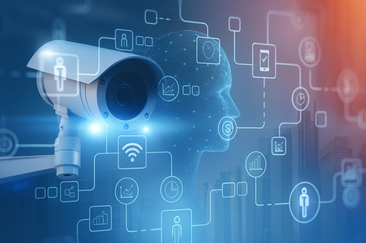 CCTV camera with a human head silhouette and digital icons on a blue background - Futuristic CCTV camera integrated with digital network icons, AI facial profile, and IoT cloud connections over a modern city skyline