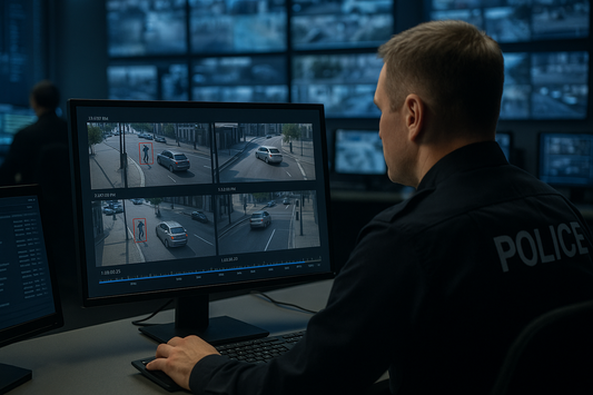 Police officer monitoring security cameras in a control room with multiple screens.