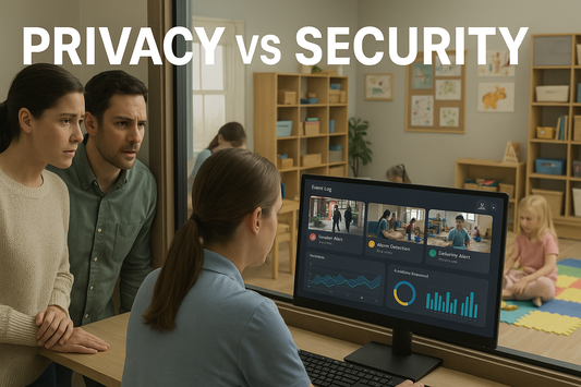 image of a daycare classroom where children play on colorful mats while a staff member monitors an AI-powered security dashboard. Concerned parents watch through a window, symbolizing the balance between privacy and security in surveillance.