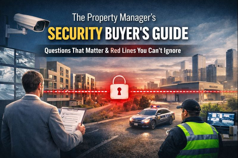 Cover of 'The Property Manager's Security Buyer's Guide' with two security personnel and a cityscape.