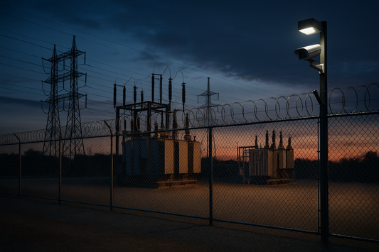 – realistic, 16:9 – alt="Utility substation with AI perimeter analytics and copper-theft deterrents