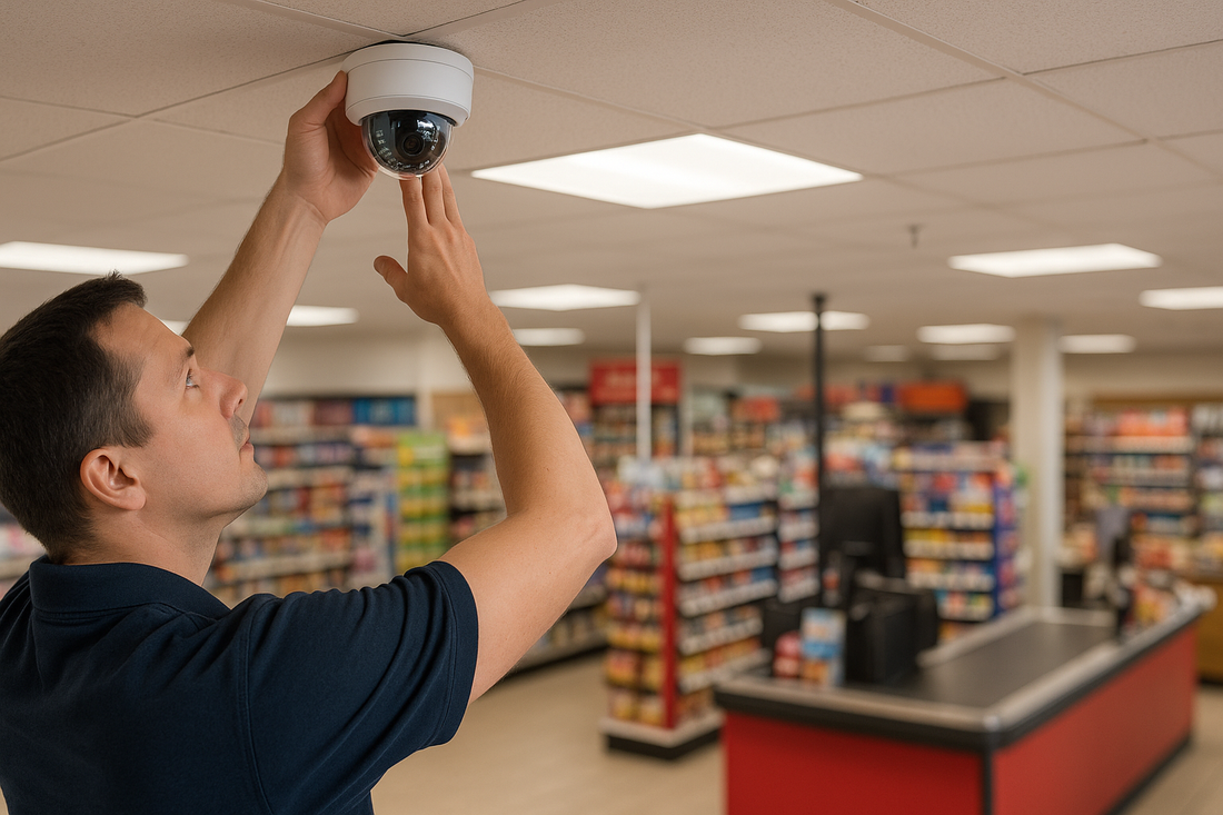 Employee installing security camera on ceiling inside retail store checkout area.