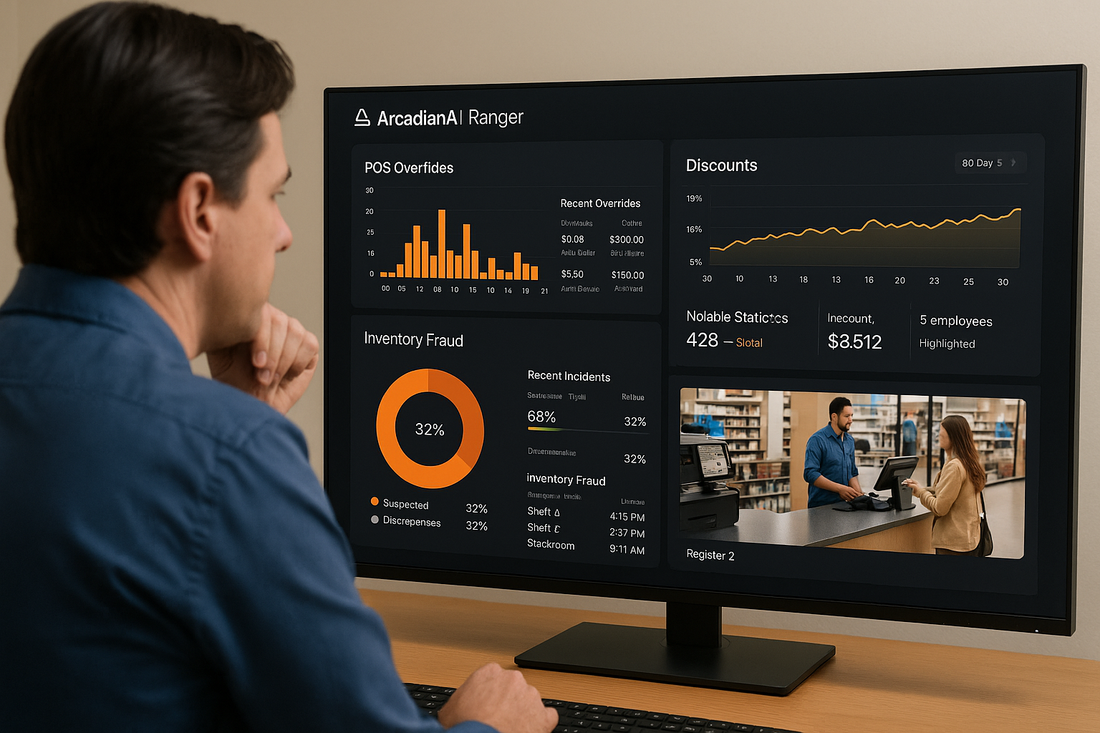 Retail manager reviewing ArcadianAI Ranger fraud detection dashboard 
