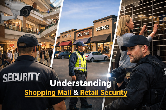 North American retail property types showing an enclosed mall and an open-air strip plaza at dusk