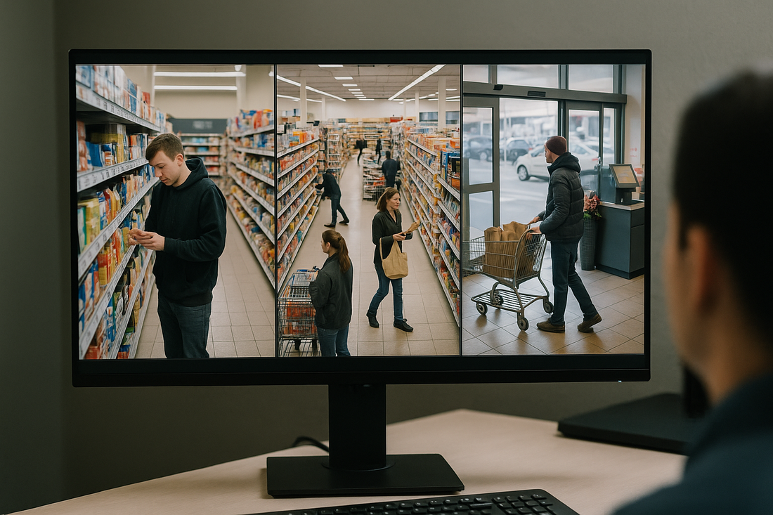Retail security operator reviewing multiple store surveillance feeds showing suspicious activity in aisles and at store exit