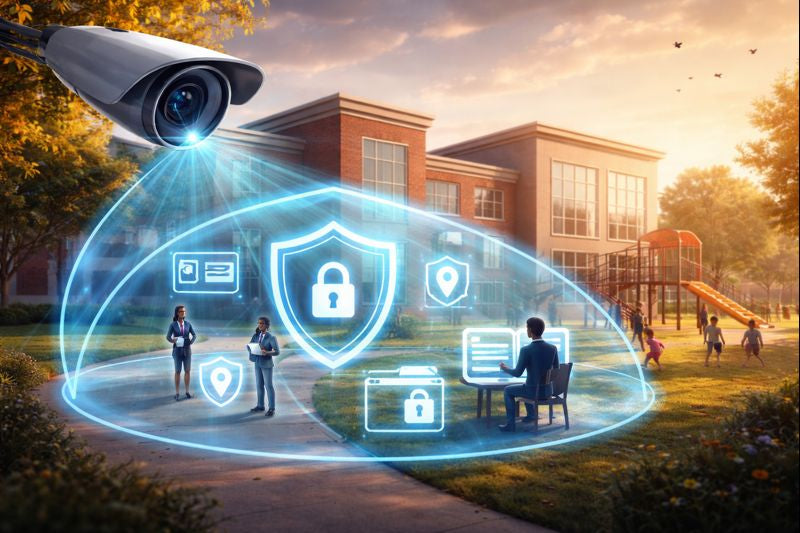 school campus at golden hour with a large security camera projecting a glowing protective dome over the building and playground, symbolizing AI-driven video monitoring, privacy-first safety, and reduced false alarms