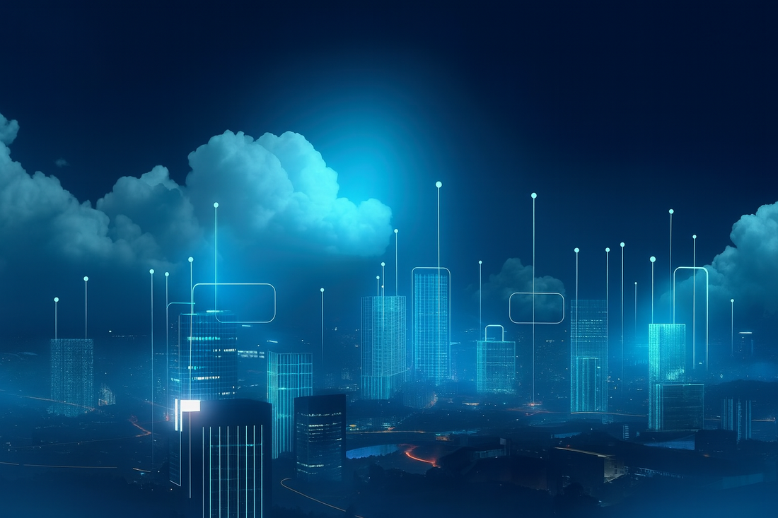 Futuristic smart city skyline at night with glowing clouds above, illuminated skyscrapers, and vertical data lines connecting buildings to the cloud, symbolizing AI cloud surveillance and digital connectivity.
