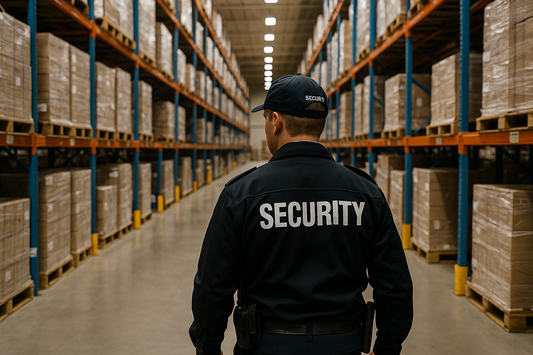 Logistics warehouse security guard monitoring aisles