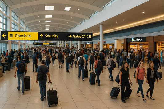 Busy airport terminal with passengers, shops, and security checkpoints under expansive skylights