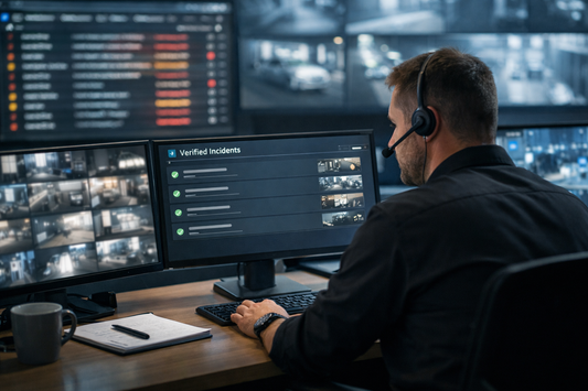 Security operator in a modern SOC reviewing a clean verified-incident queue while noisy alerts remain blurred in the background.