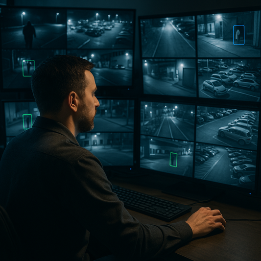 Security operator watching live feeds across multiple monitors Remote monitoring operator analyzing multiple AI-driven video feeds