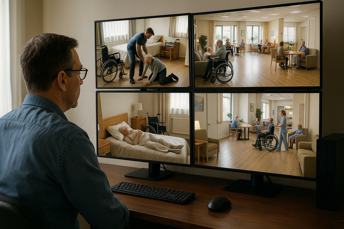 Senior care facility monitoring room with ArcadianAI dashboard
