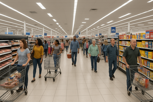 Shoppers walking through wide aisles inside a large retail store, with stocked shelves of groceries, carts, and bright overhead lighting.