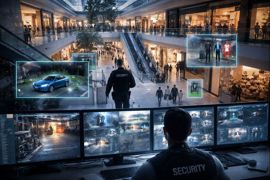 Security operations control room overlooking a busy shopping mall atrium, with multiple CCTV screens and subtle AI-style overlay boxes highlighting activity in key areas.