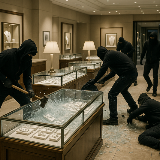 Organized crime crew smashing glass display cases in luxury jewelry store