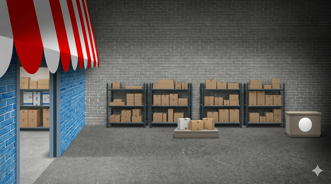 Storage area with shelves and boxes against a brick wall, featuring a red and white striped awning.