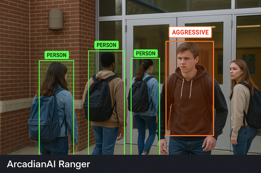 Students entering a high school with AI detection overlay – realistic, 16:9 – alt="ArcadianAI Ranger identifying early aggression cues at school entrance