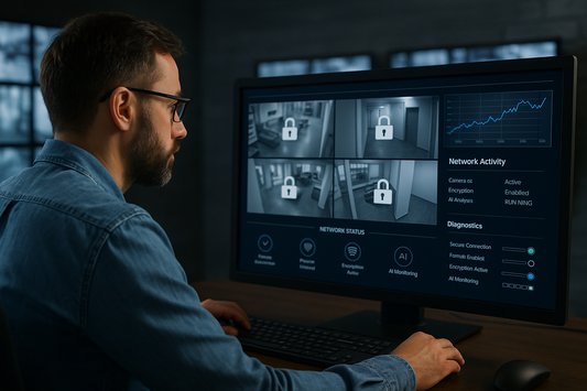 Surveillance technician reviewing encrypted camera feed diagnostics 
